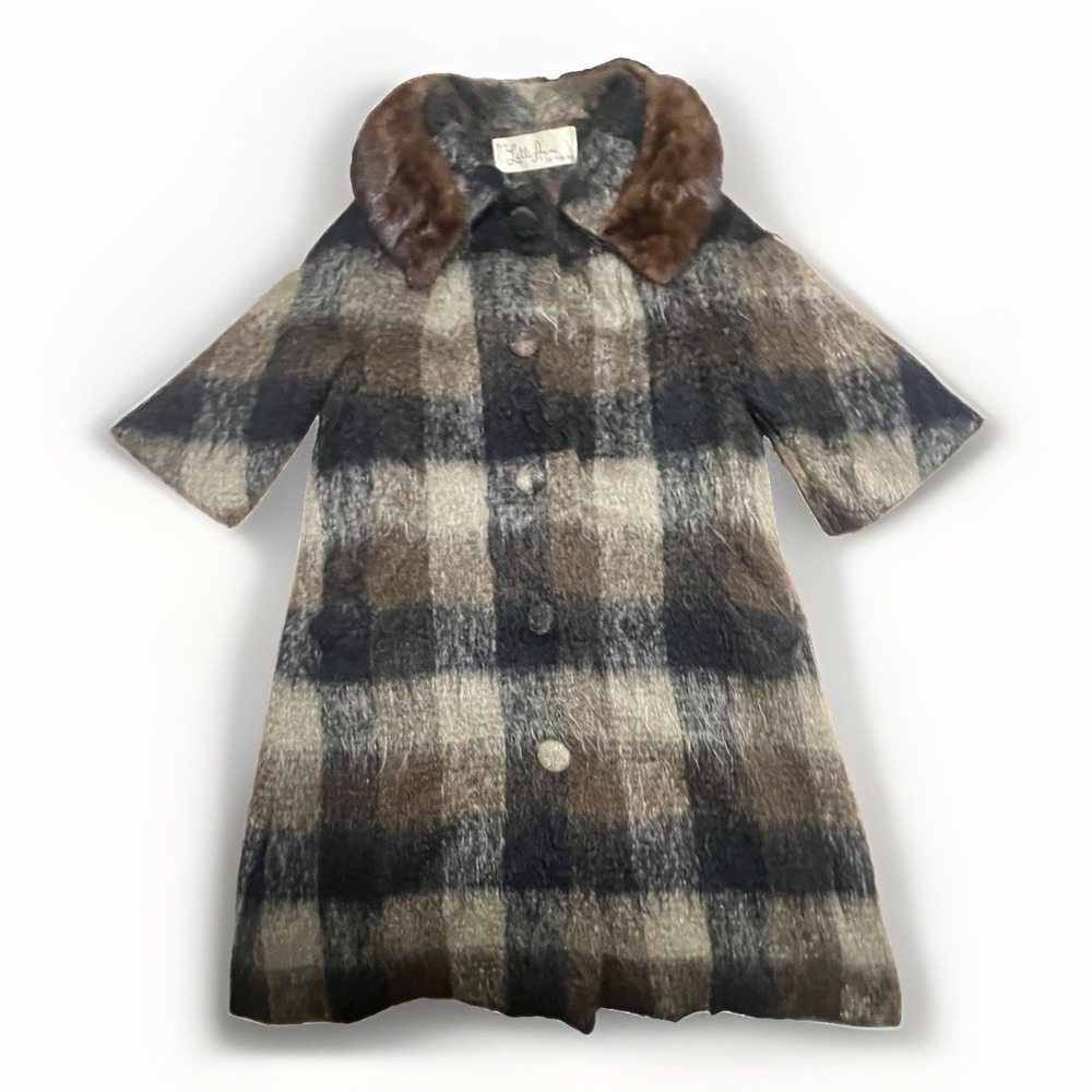 VTG 50s 60s Lilli Ann Paris Mohair Wool Plaid Swing Coat Mink Fur Collar M L⁠